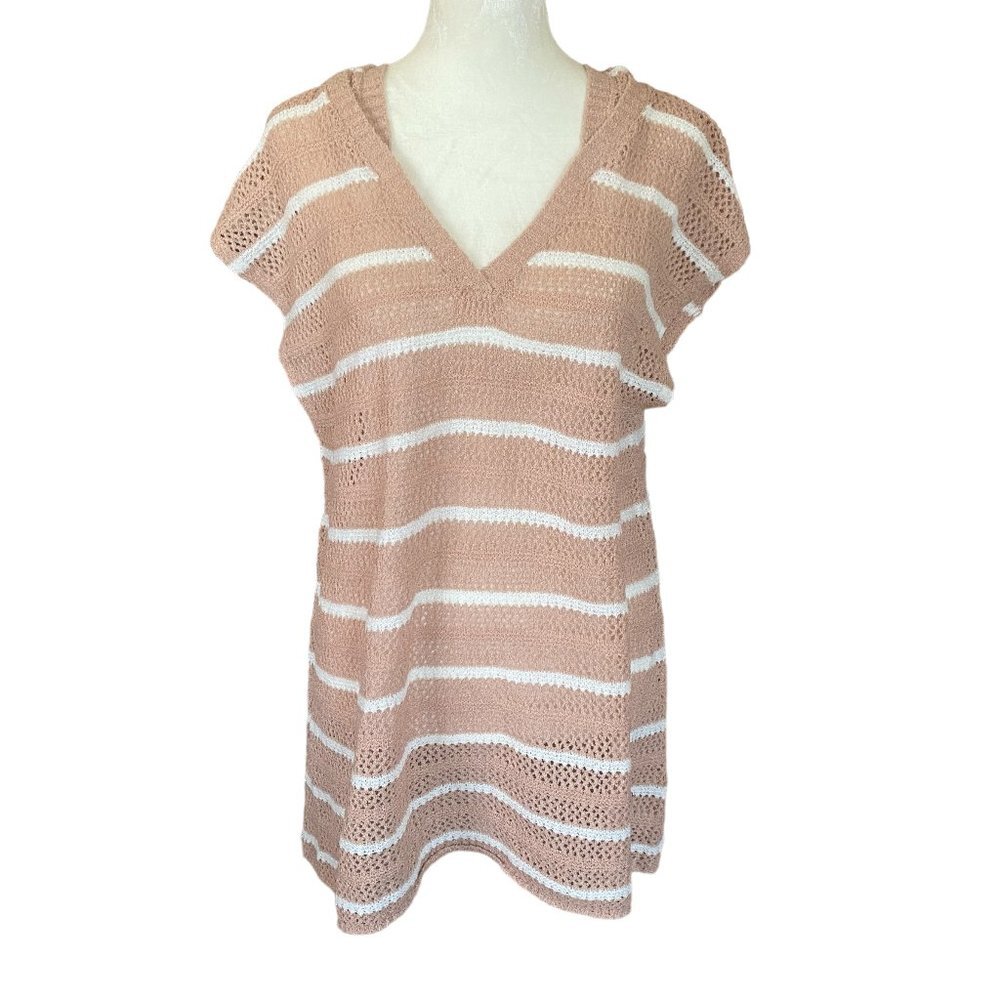 Olivaceous swimsuit coverup M/L sleeveless hooded dusty rose and white striped